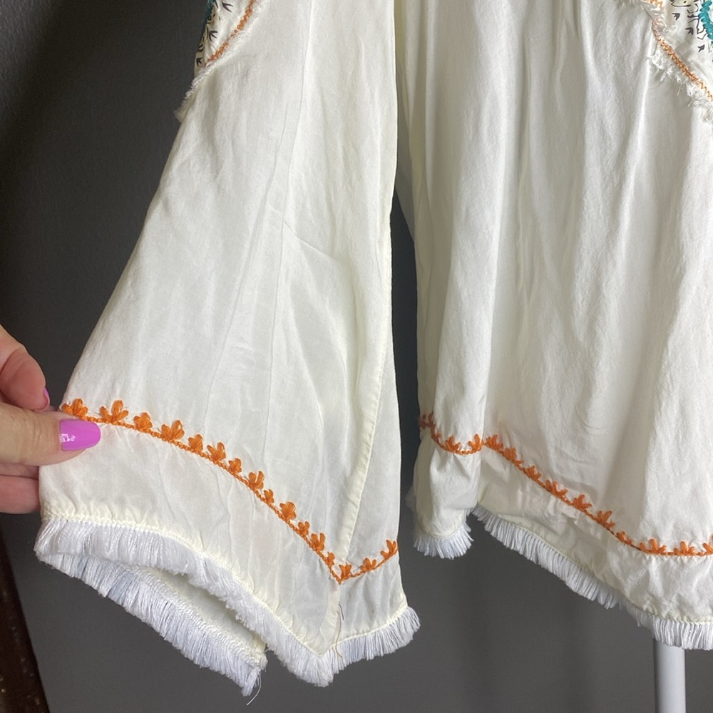 Love Stitch Cream Embroidered Fringe 3/4 Sleeve Bohemian Blouse - Size S - Picture 3 of 8